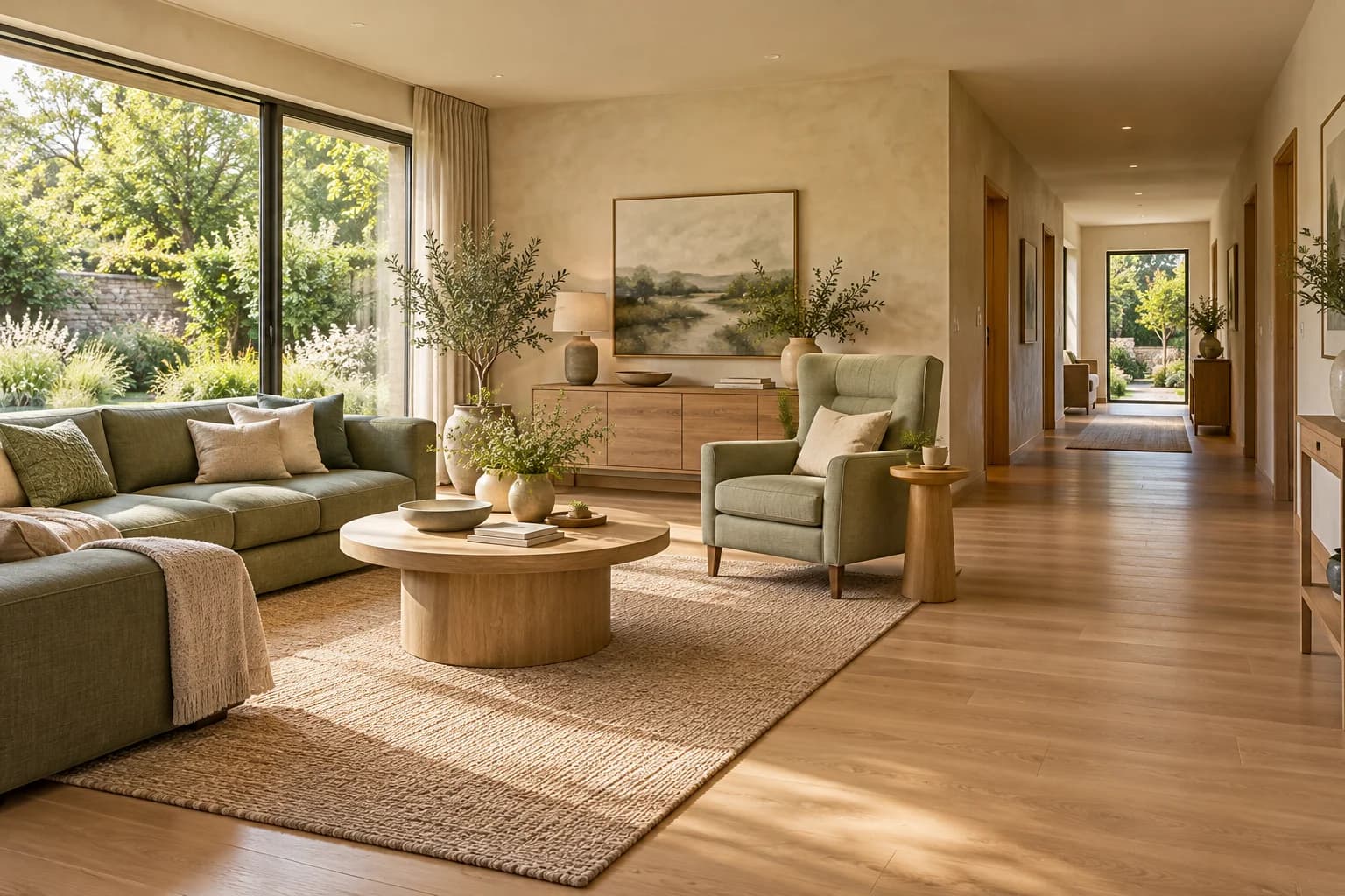 AI-generated concept of a sunlit home with clear circulation, pale oak floors and sage seating