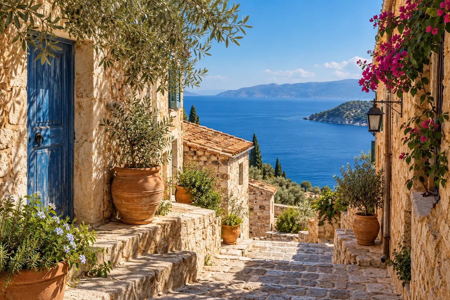 AI-generated Mediterranean-inspired lane with warm stone walls, olive foliage and a view of the blue sea