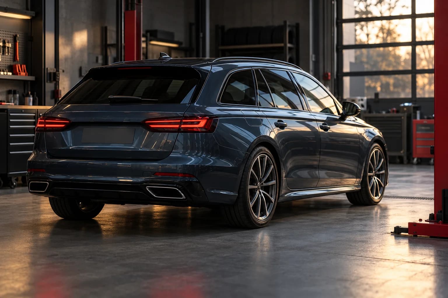 AI-generated concept of an unbranded graphite wagon in an understated independent workshop