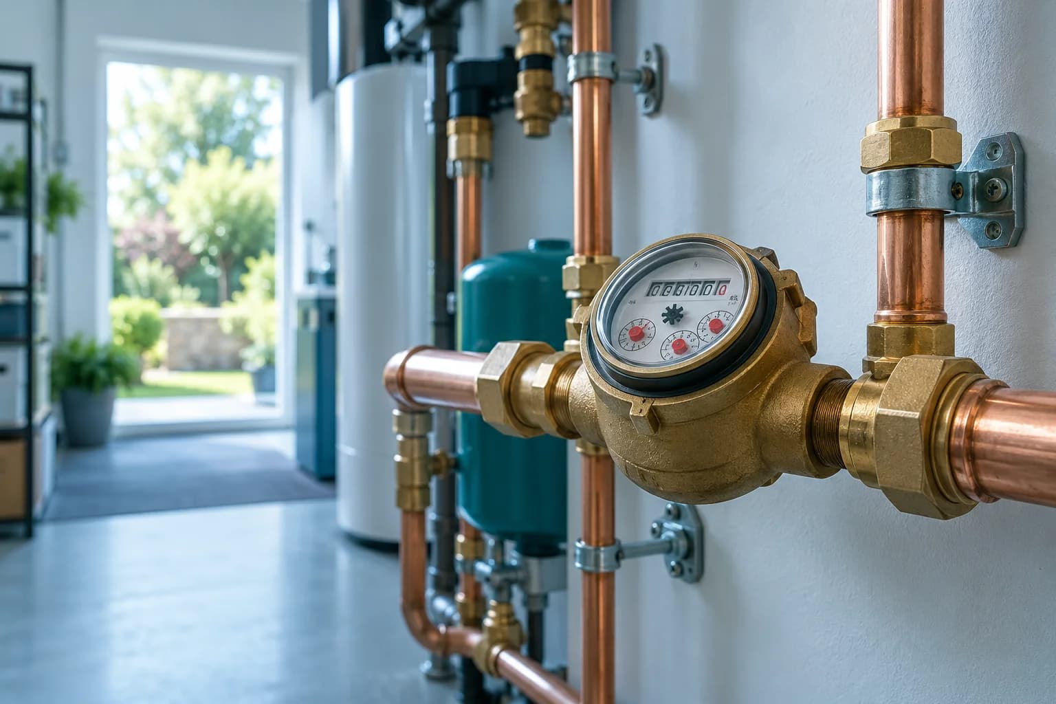 AI-generated concept of brass water-meter hardware and copper pipes in a clean utility room